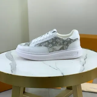 Louis Vuitton White Gray Low-Top Monogrammed Textile Panel Lifestyle Sneakers
