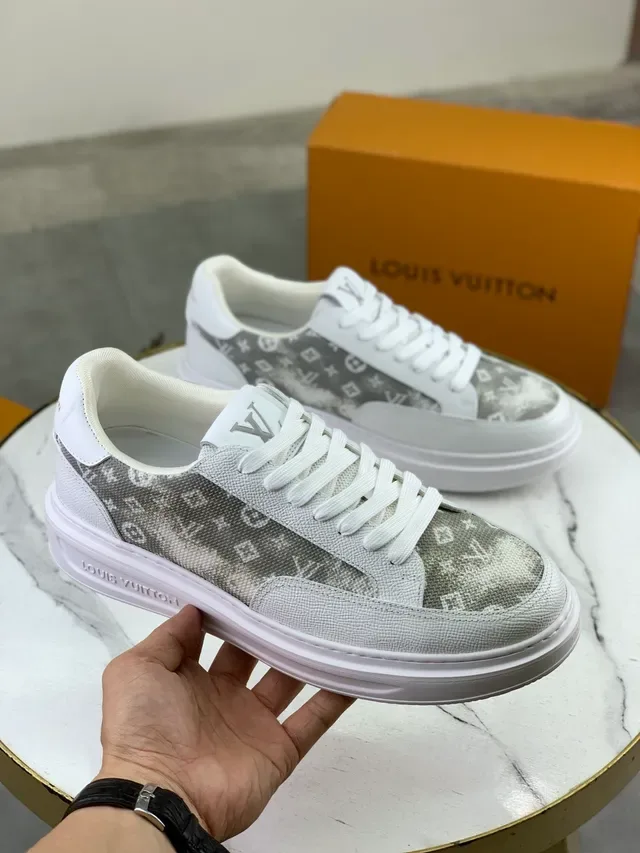 Louis Vuitton White Gray Low-Top Monogrammed Textile Panel Lifestyle Sneakers 4