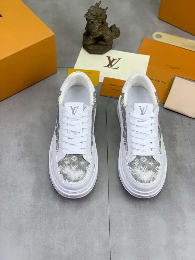Louis Vuitton White Gray Low-Top Monogrammed Textile Panel Lifestyle Sneakers 5