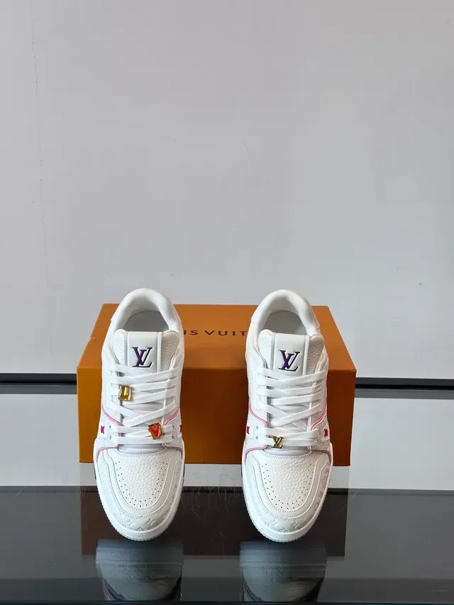 Louis Vuitton White Pink Embossed Monogram Leather Piping Accent Lifestyle Sneakers 4