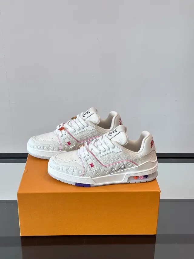Louis Vuitton White Pink Embossed Monogram Leather Piping Accent Lifestyle Sneakers 5