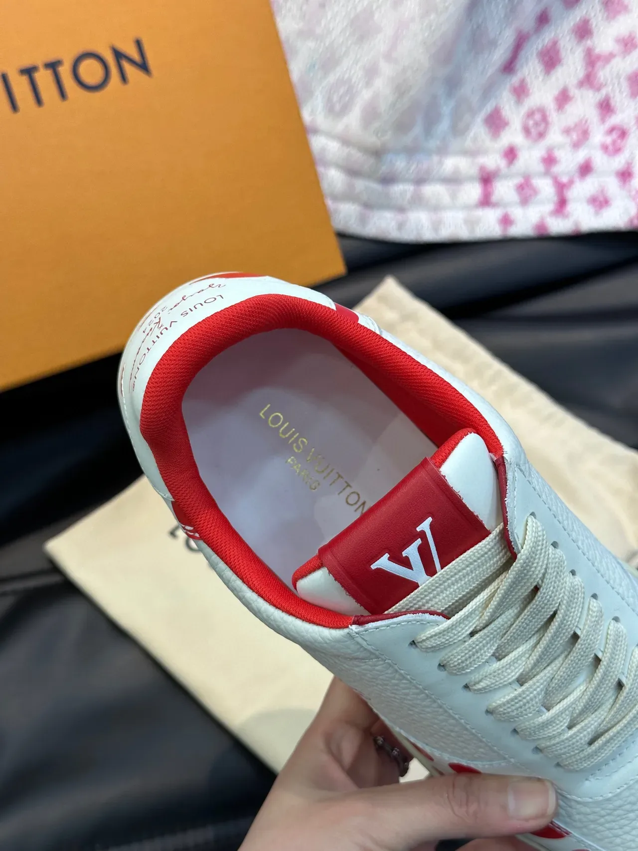 Louis Vuitton White Red Textured Leather Polka-Dot Motif Lifestyle Sneakers 3