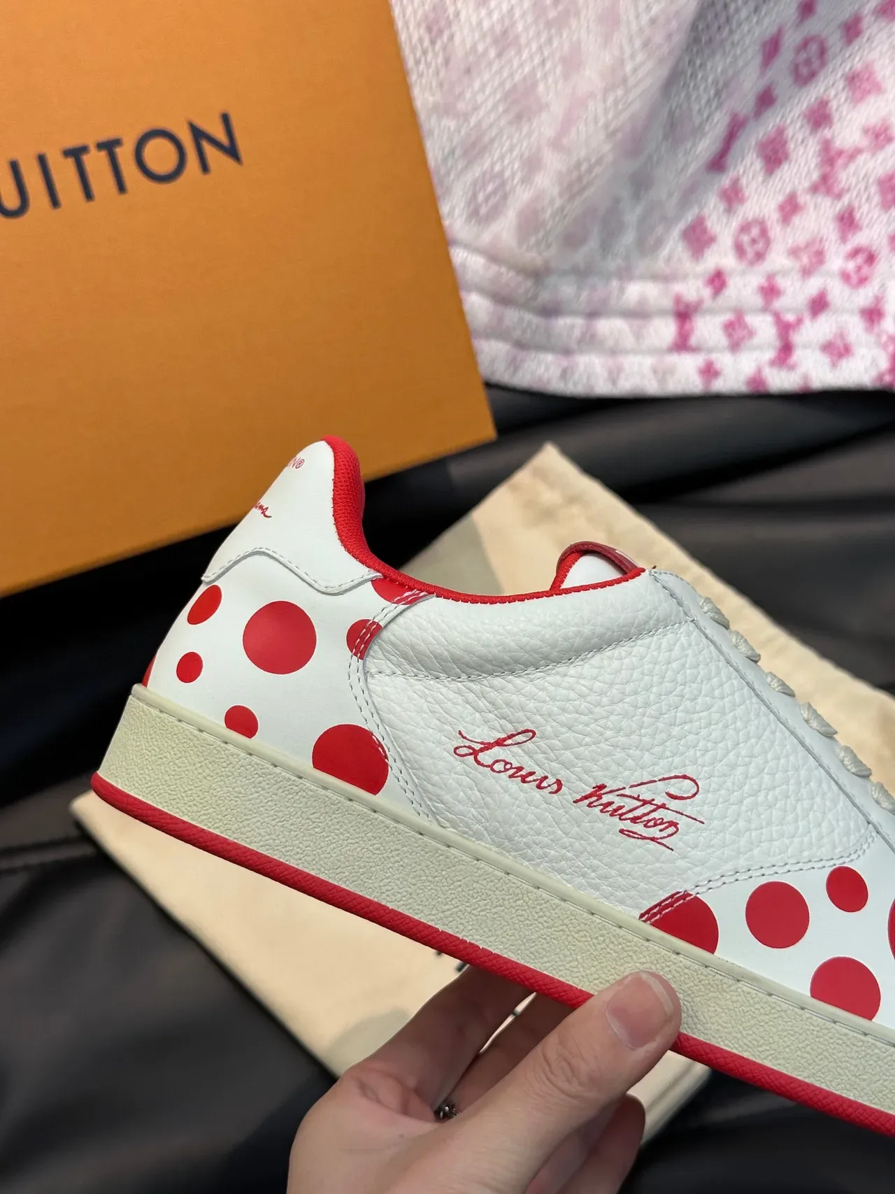 Louis Vuitton White Red Textured Leather Polka-Dot Motif Lifestyle Sneakers 4