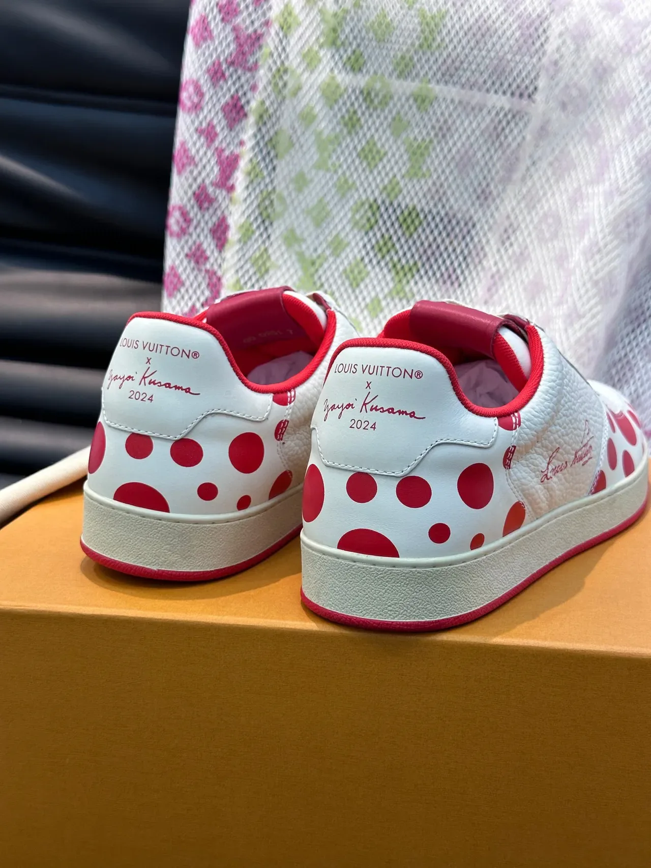 Louis Vuitton White Red Textured Leather Polka-Dot Motif Lifestyle Sneakers 5