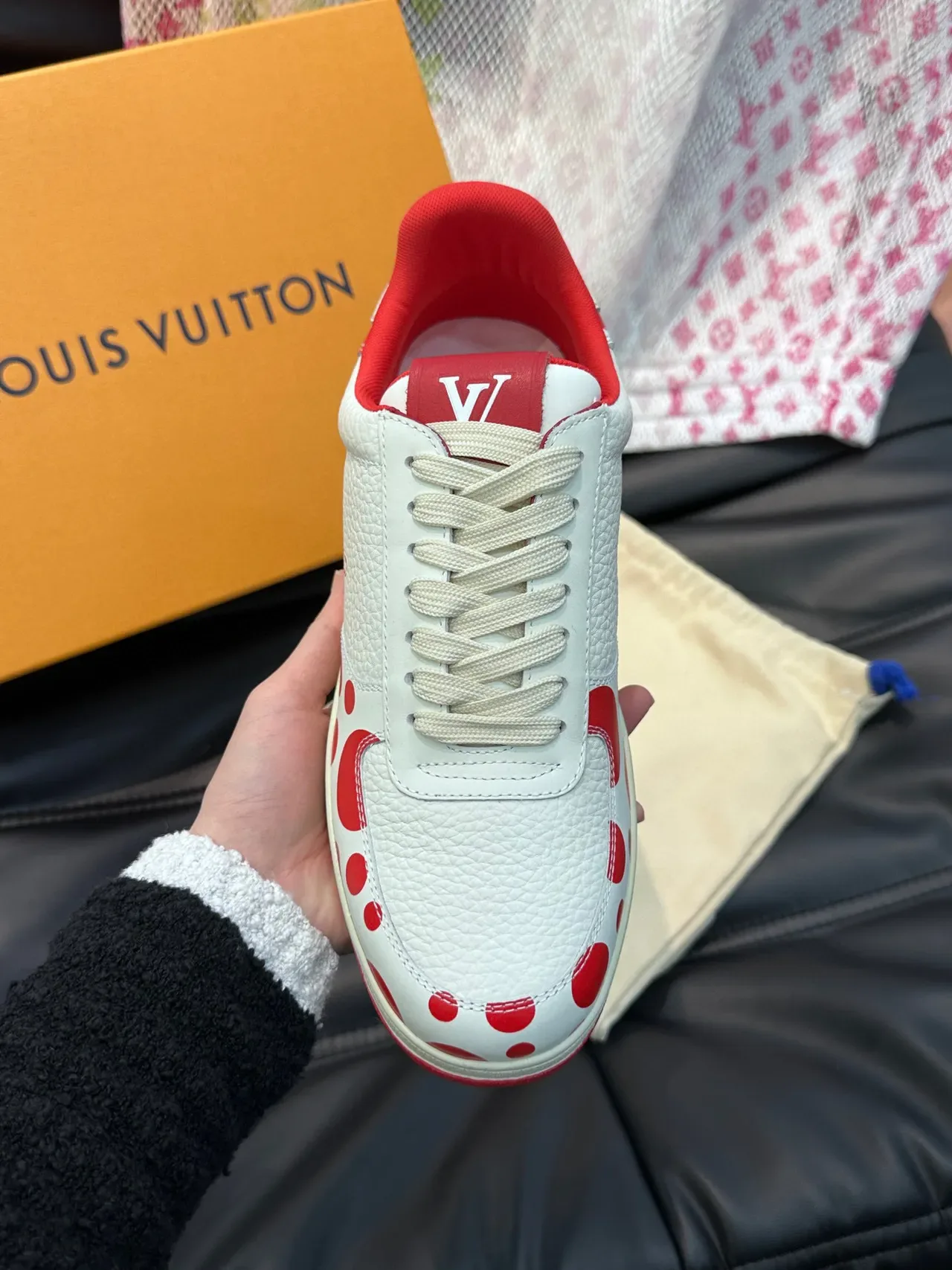 Louis Vuitton White Red Textured Leather Polka-Dot Motif Lifestyle Sneakers 6