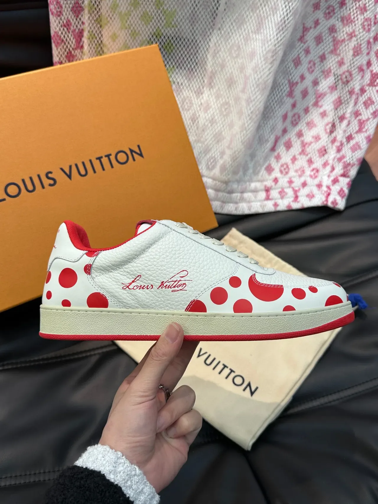 Louis Vuitton White Red Textured Leather Polka-Dot Motif Lifestyle Sneakers 7