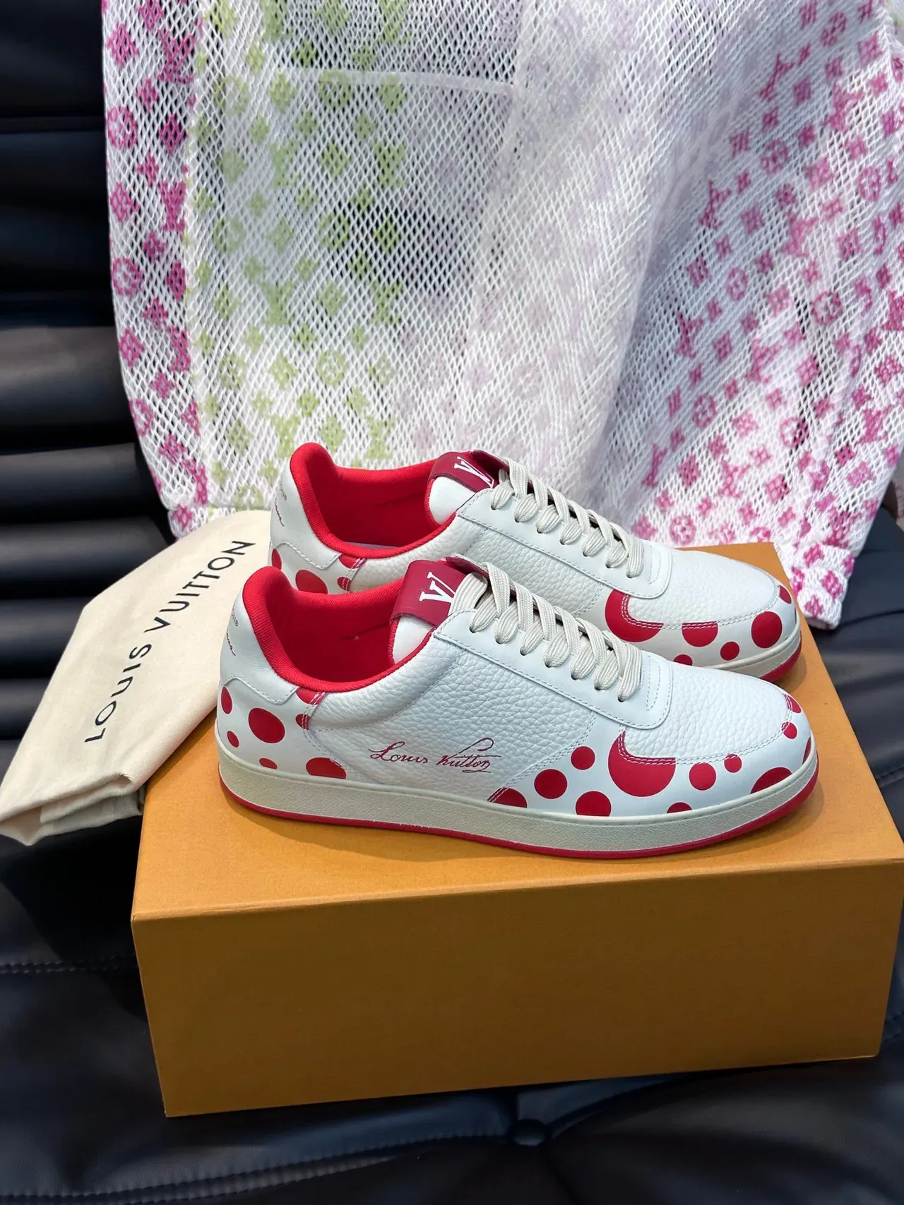 Louis Vuitton White Red Textured Leather Polka-Dot Motif Lifestyle Sneakers 8