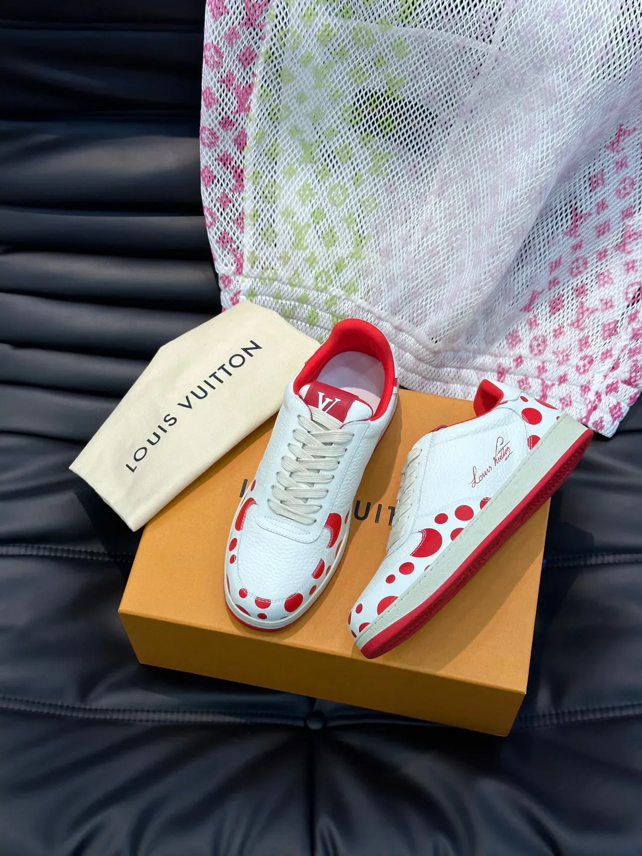 Louis Vuitton White Red Textured Leather Polka-Dot Motif Lifestyle Sneakers 9