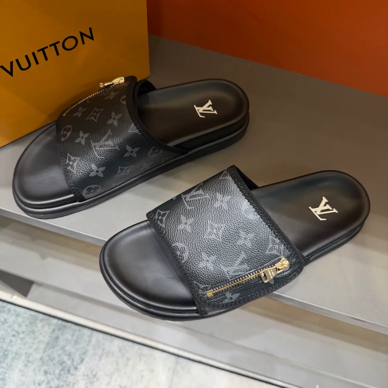 Louis Vuitton Zipper-Strap Monogram and Damier Slide Slippers 12