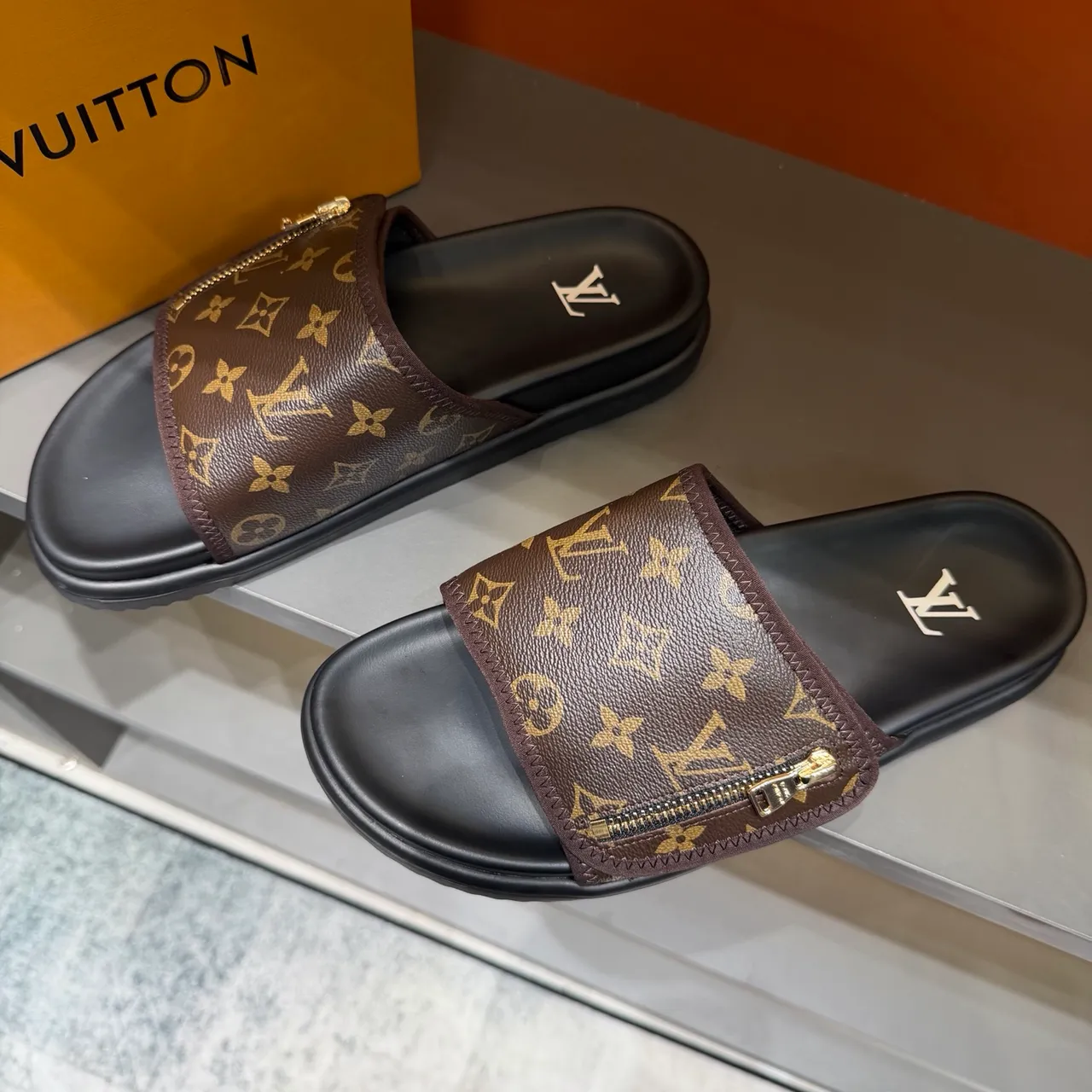Louis Vuitton Zipper-Strap Monogram and Damier Slide Slippers 14