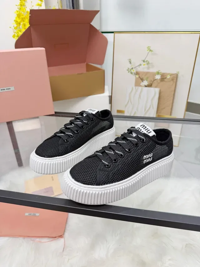 Miu Miu Wander Black White Mesh Upper Ridged Platform Sole Chunky Sneakers 5
