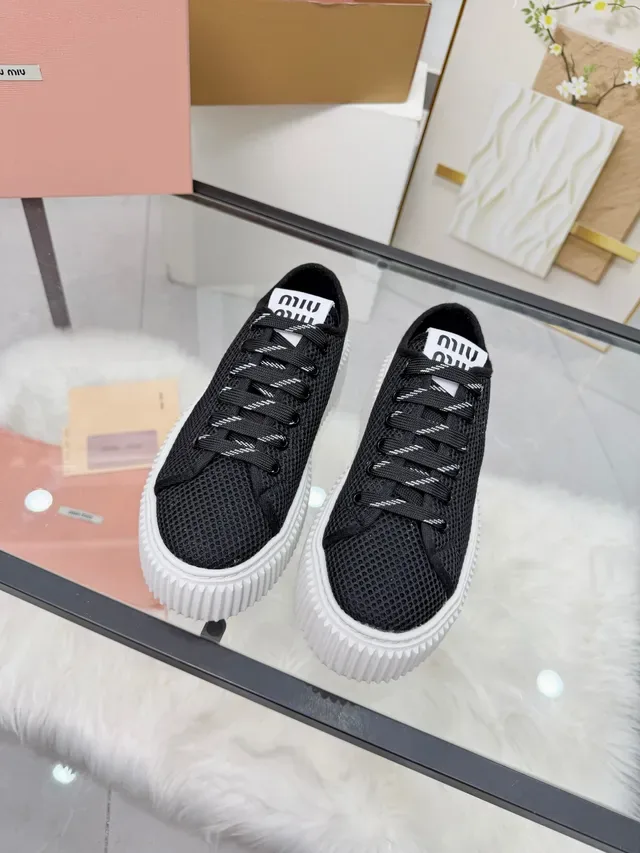 Miu Miu Wander Black White Mesh Upper Ridged Platform Sole Chunky Sneakers 6