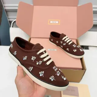 Miu Miu Wander Brown Beige Canvas Upper Crystal Floral Embellishments Lifestyle Sneakers