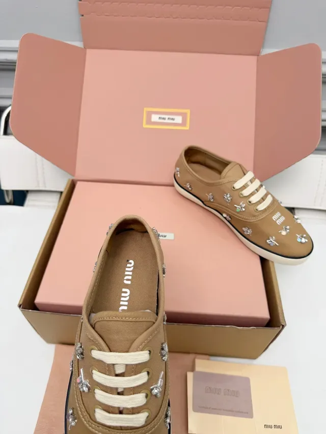 Miu Miu Wander Tan Canvas Crystal Floral Lifestyle Sneakers 2