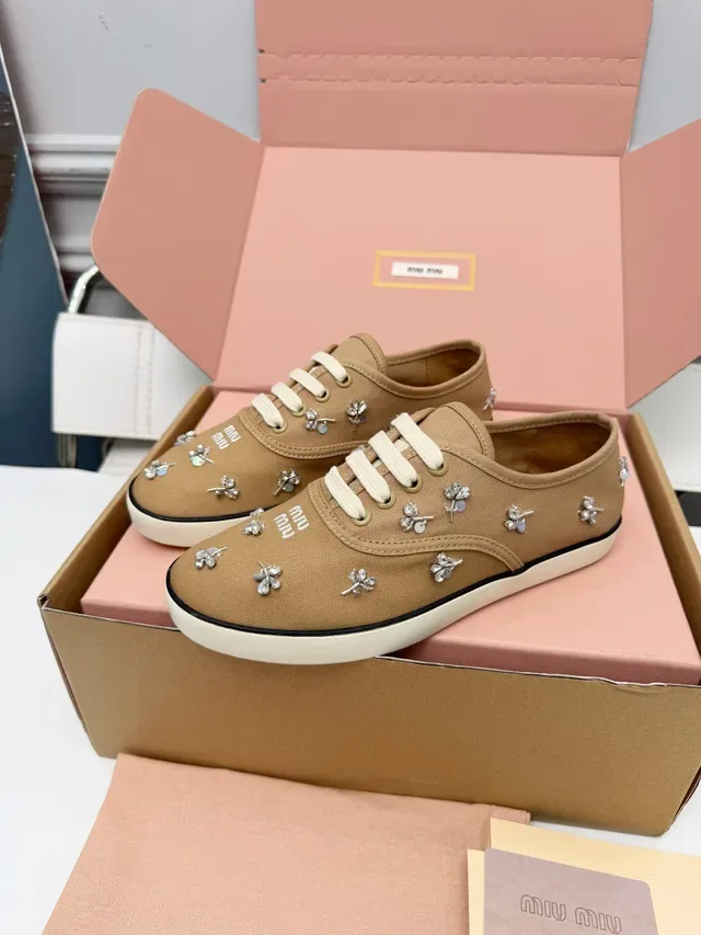 Miu Miu Wander Tan Canvas Crystal Floral Lifestyle Sneakers 4