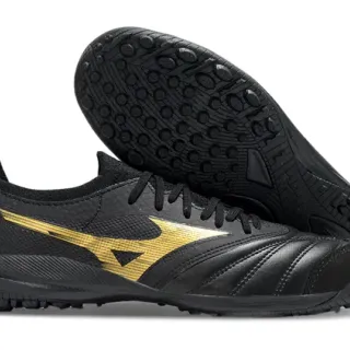 Mizuno Black Gold Low-Cut Leather-Synthetic Upper Artificial-Grass Soccer Shoes