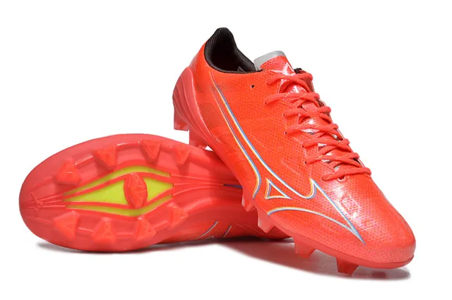 Mizuno Rouge Bleu Basse Coupe Tige Synthétique Maille Recouvrements en Forme d'Onde Dynamiques Chaussures de Football pour Terrain Ferme 4