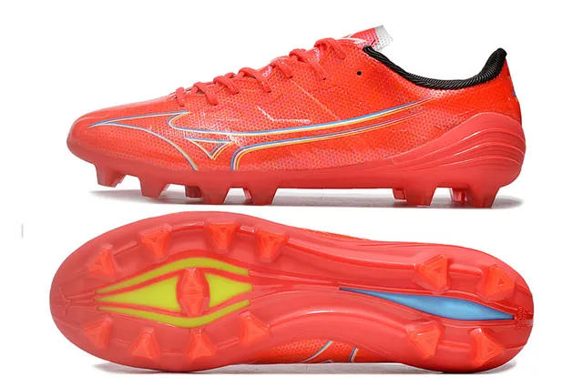 Mizuno Rouge Bleu Basse Coupe Tige Synthétique Maille Recouvrements en Forme d'Onde Dynamiques Chaussures de Football pour Terrain Ferme 6