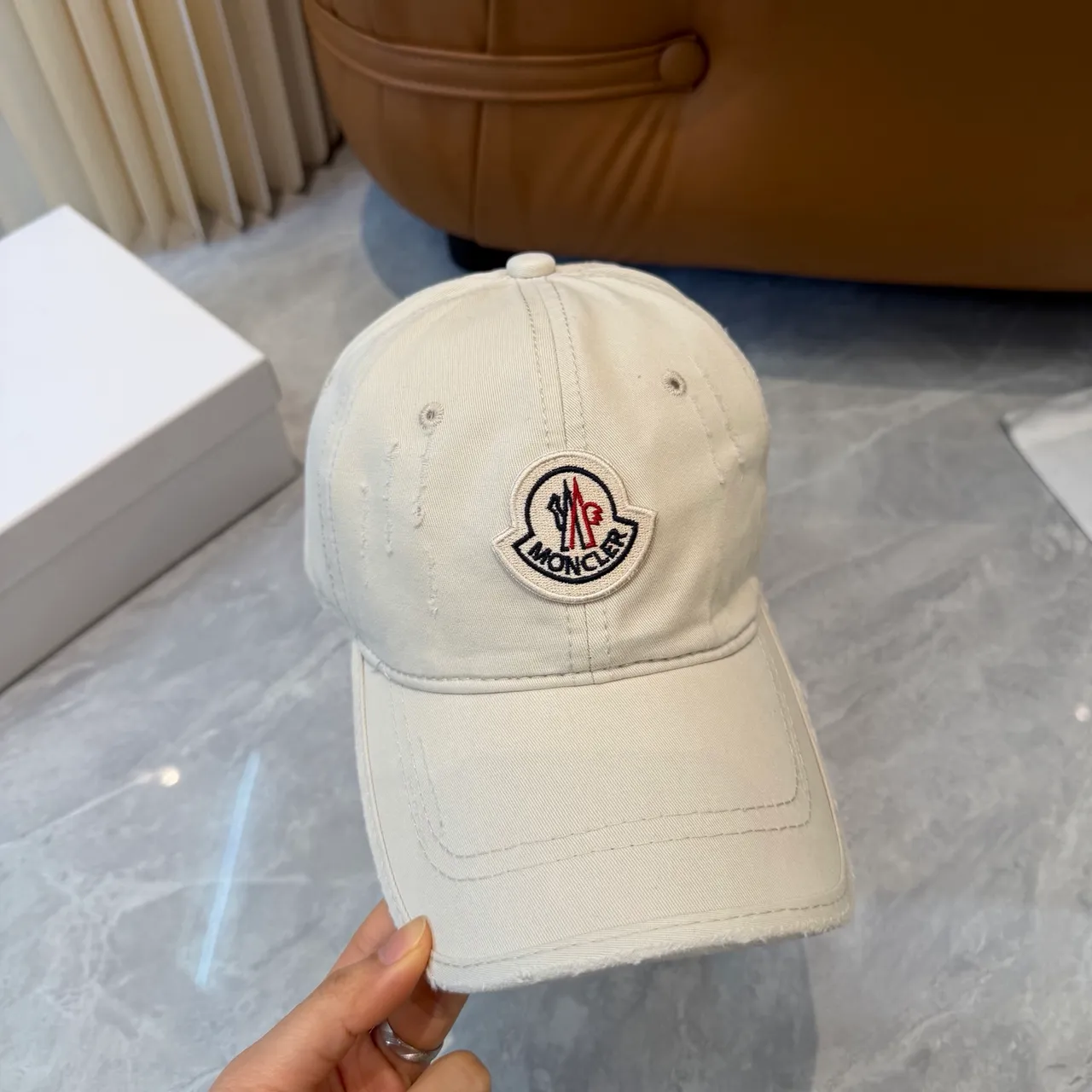 Moncler Beige Black Embroidered Logo Patch Washed Cotton Appearance Baseball Cap 9