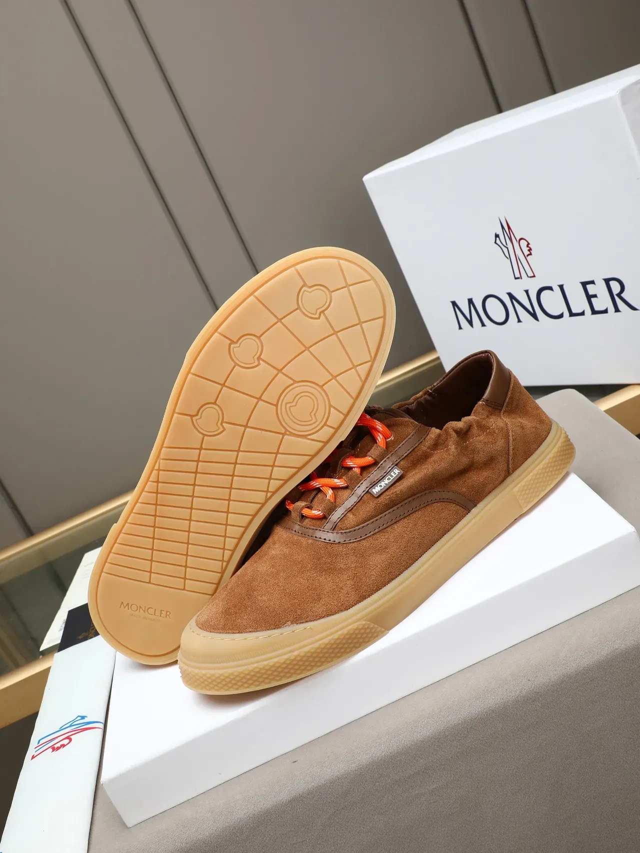 Moncler Brown Orange Suede Upper Laces Sneakers 4