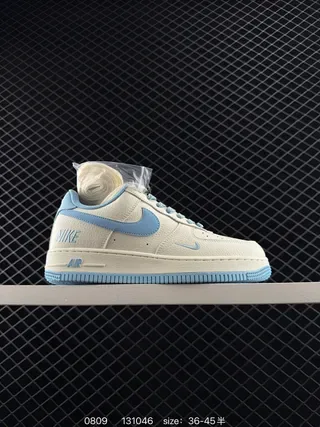 Nike Air Force 1 Beige Blue Low-Top Silhouette Textured Leather Upper Lifestyle Sneakers 2