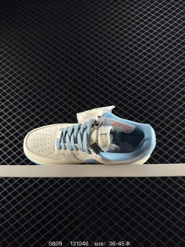 Nike Air Force 1 Beige Blue Low-Top Silhouette Textured Leather Upper Lifestyle Sneakers 4