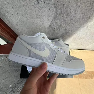 Nike Air Jordan 1 Gray White Low-Top Mesh-and-Leather Upper Lifestyle Sneakers