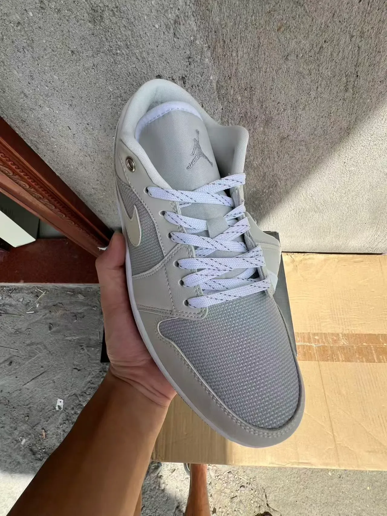 Nike Air Jordan 1 Gray White Low-Top Mesh-and-Leather Upper Lifestyle Sneakers 2