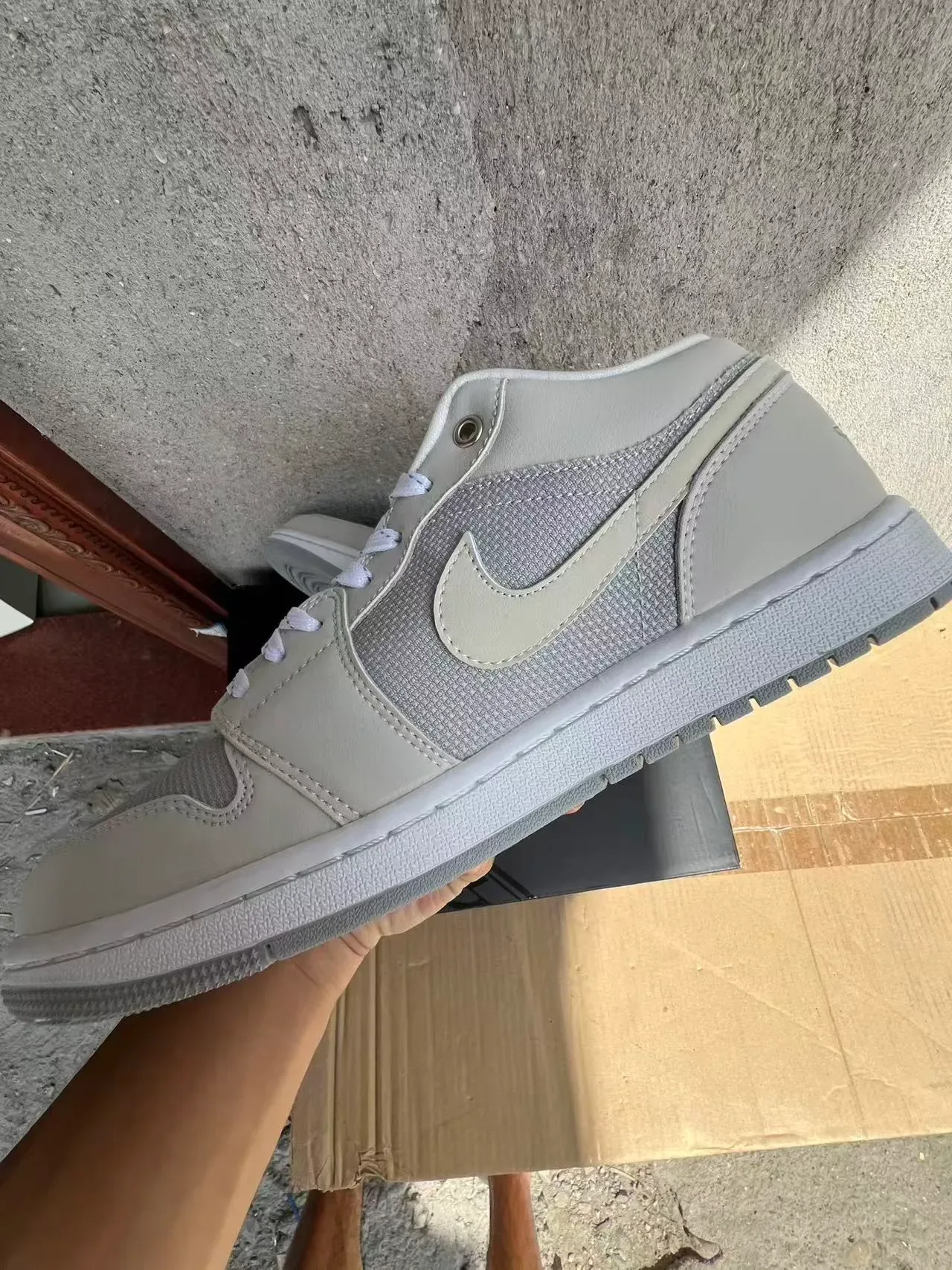 Nike Air Jordan 1 Gray White Low-Top Mesh-and-Leather Upper Lifestyle Sneakers 5