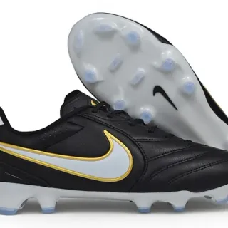 Nike Black Gold Leather Upper Stitched Panel Construction Firm-Ground Soccer Shoes