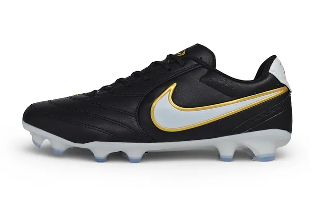 Nike Black Gold Leather Upper Stitched Panel Construction Firm-Ground Soccer Shoes 5
