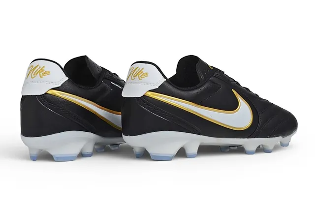 Nike Black Gold Leather Upper Stitched Panel Construction Firm-Ground Soccer Shoes 6