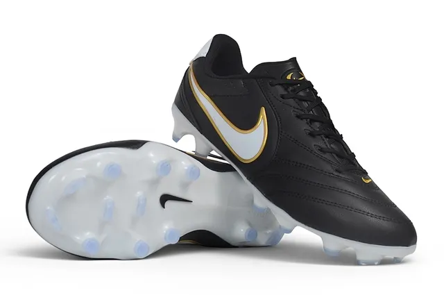 Nike Black Gold Leather Upper Stitched Panel Construction Firm-Ground Soccer Shoes 7