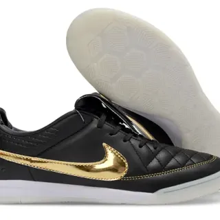 Nike Black Gold Quilted Leather Upper Metallic Swoosh Indoor Soccer Shoes