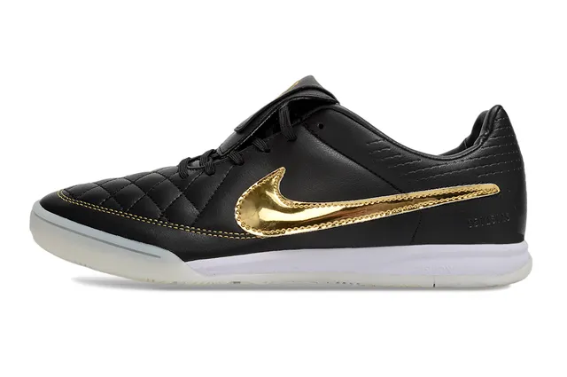 Nike Noir Doré Dessus en Cuir Matelassé Swoosh Métallique Chaussures de Football Indoor 6