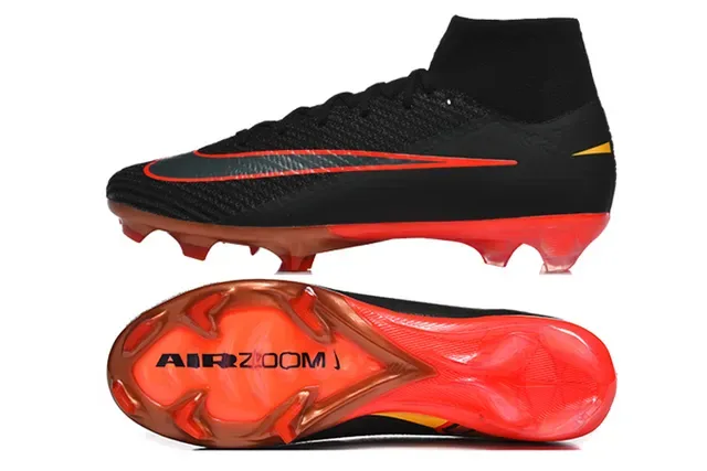 Chuteira de Futebol Nike Preto e Vermelho Alta Corte em Malha Translucida Air Zoom Sola FG 9