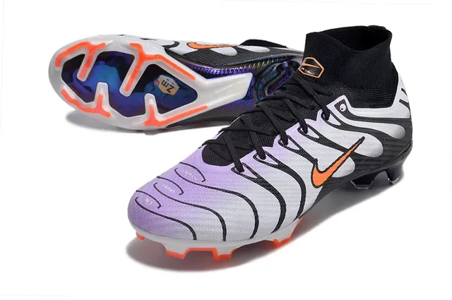 Nike Preto Branco Alto Corte Colar Ajuste Meia Padrão Ondulado Sobreposições Sintéticas Terreno Firme Sapatos de Futebol 3
