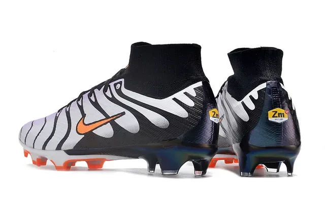 Nike Preto Branco Alto Corte Colar Ajuste Meia Padrão Ondulado Sobreposições Sintéticas Terreno Firme Sapatos de Futebol 4