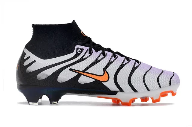 Nike Preto Branco Alto Corte Colar Ajuste Meia Padrão Ondulado Sobreposições Sintéticas Terreno Firme Sapatos de Futebol 5