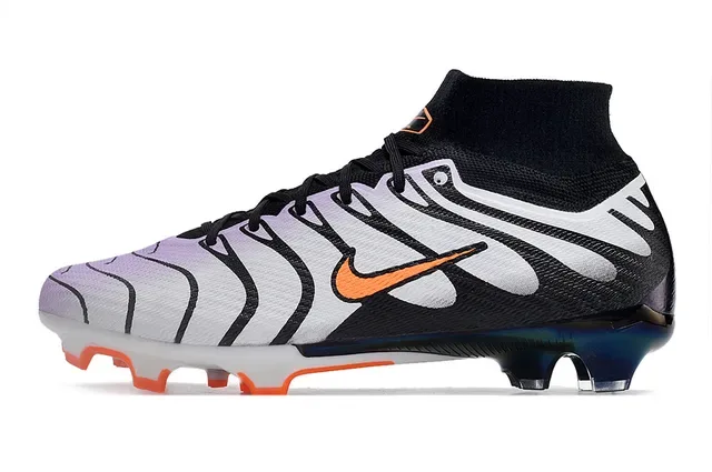 Nike Preto Branco Alto Corte Colar Ajuste Meia Padrão Ondulado Sobreposições Sintéticas Terreno Firme Sapatos de Futebol 6
