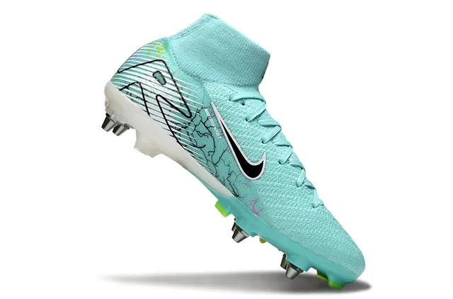 Nike Blue Green High-Cut Knit Collar Asymmetrical Lacing Firm-Ground Soccer Shoes 2