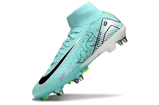 Nike Blue Green High-Cut Knit Collar Asymmetrical Lacing Firm-Ground Soccer Shoes 3