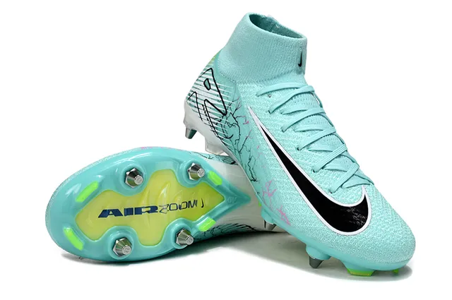 Nike Blue Green High-Cut Knit Collar Asymmetrical Lacing Firm-Ground Soccer Shoes 4