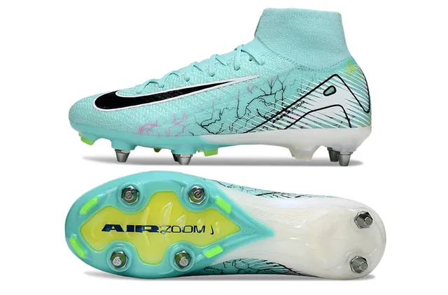 Nike Blue Green High-Cut Knit Collar Asymmetrical Lacing Firm-Ground Soccer Shoes 6