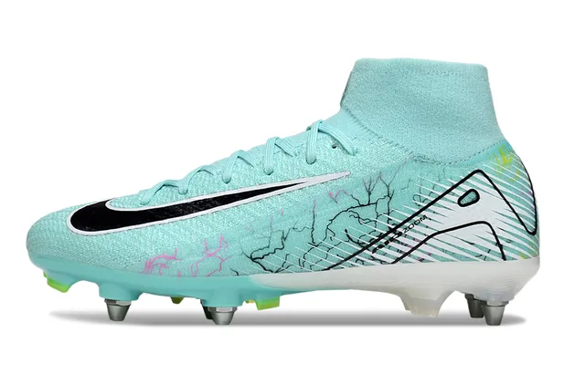 Nike Blue Green High-Cut Knit Collar Asymmetrical Lacing Firm-Ground Soccer Shoes 7