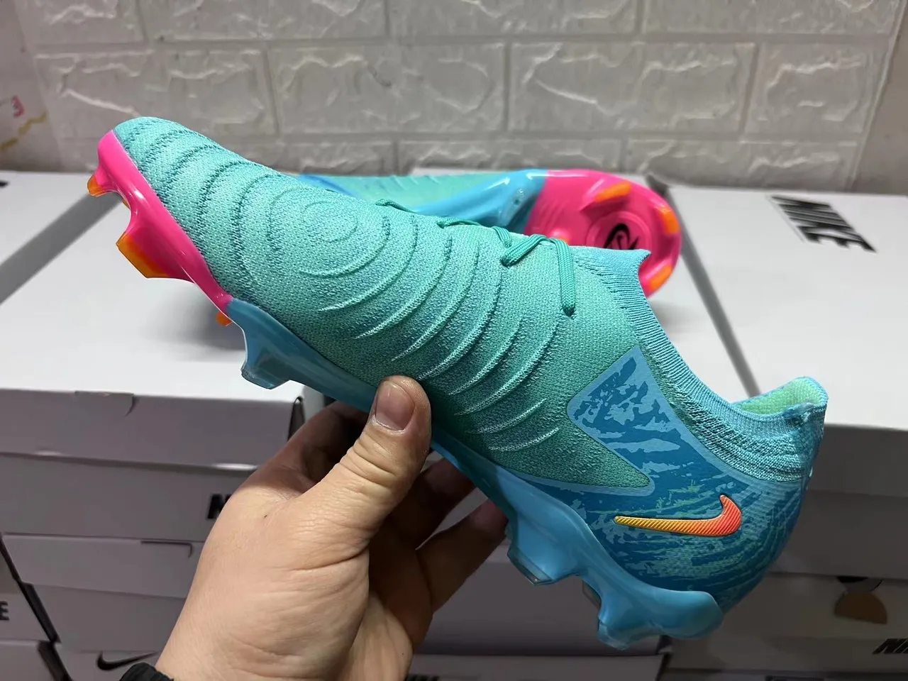 Nike Blue Pink Knit Upper Gradient Firm-Ground Soccer Shoes 4