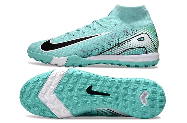 Nike Zapatillas de fútbol con upper Flyknit de color azul y blanco, cuello sock-fit para turf 5