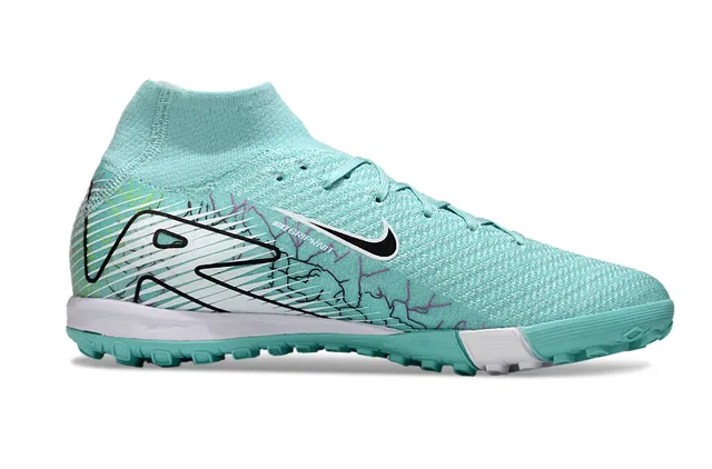 Nike Zapatillas de fútbol con upper Flyknit de color azul y blanco, cuello sock-fit para turf 7