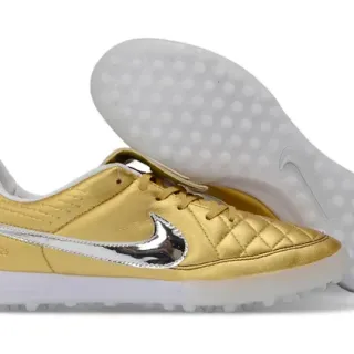 Nike Gold Silver Metallic Quilted Leather Upper Reflective Swoosh Turf Soccer Shoes