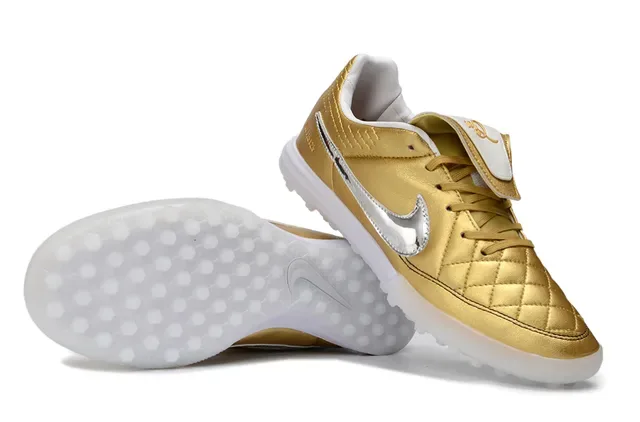 Nike Gold Silver Metallic Quilted Leather Upper Reflective Swoosh Turf Soccer Shoes 4